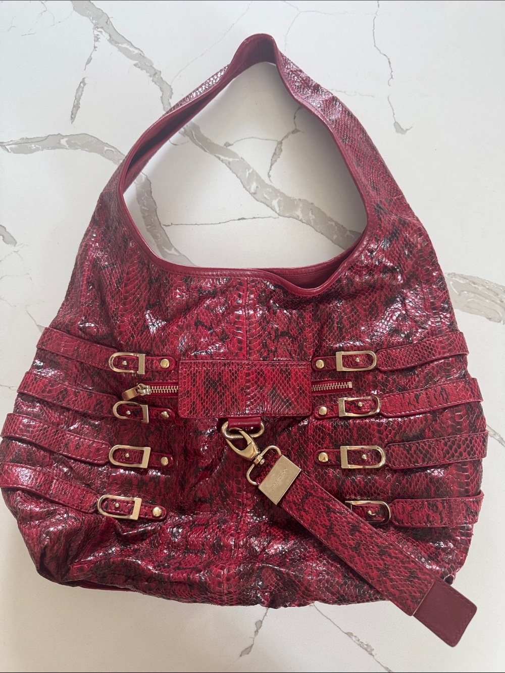 JIMMY CHOOSE Red Snake-Print Hobo Bag with Gold Hardware